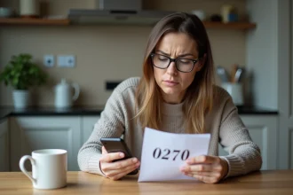 Femme préoccupée regardant son smartphone dans la cuisine