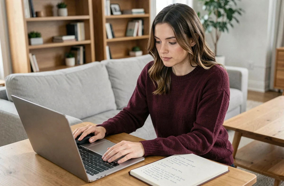 Femme consultant des offres Black Friday sur son ordinateur portable avec une liste d'achats, dans un salon moderne