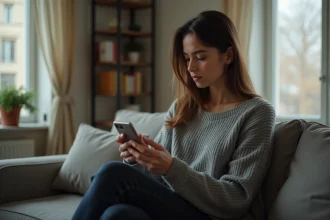 Jeune femme mélancolique regardant son smartphone après une rupture amoureuse, assise seule sur un canapé