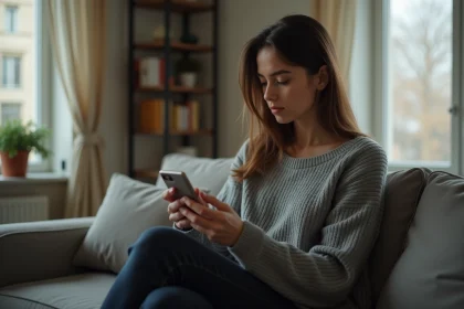Jeune femme mélancolique regardant son smartphone après une rupture amoureuse, assise seule sur un canapé