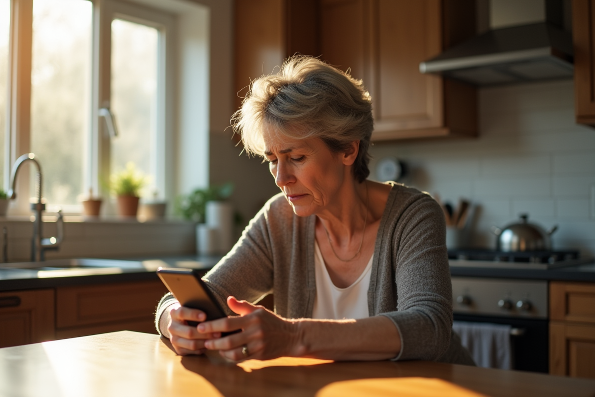 Femme d'âge moyen regarde son téléphone à la cuisine