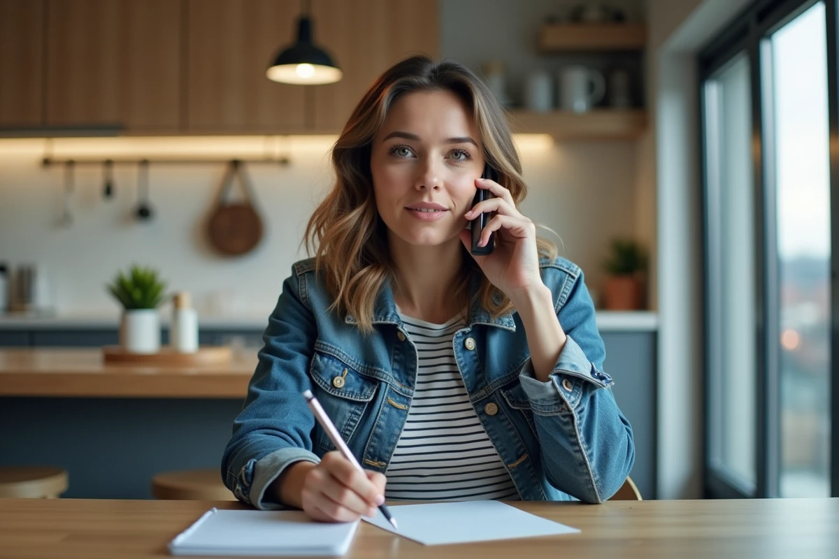 Femme en denim au téléphone dans une cuisine moderne