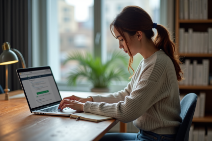 Jeune femme au bureau utilisant un logiciel de traduction