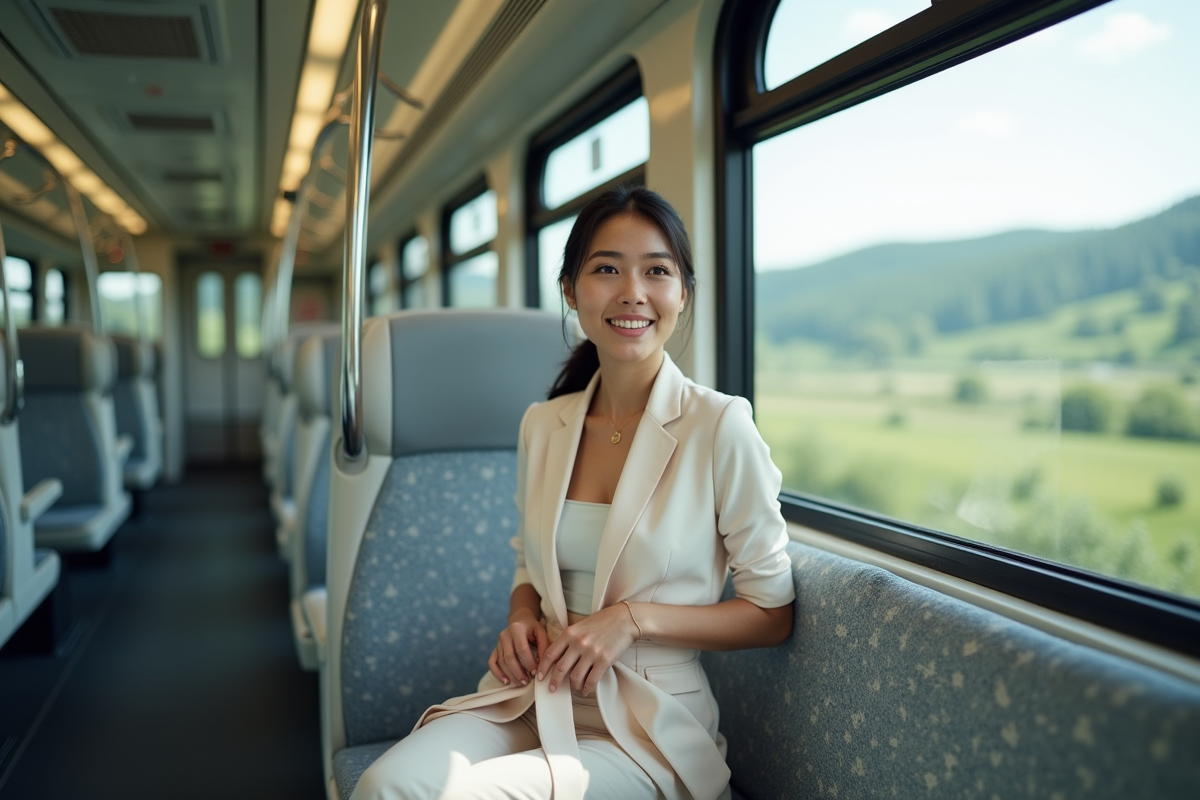 Jeune femme souriante dans un train moderne