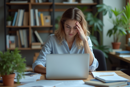 Jeune femme au bureau semblant fatigu&eacute;e et concentr&eacute;e