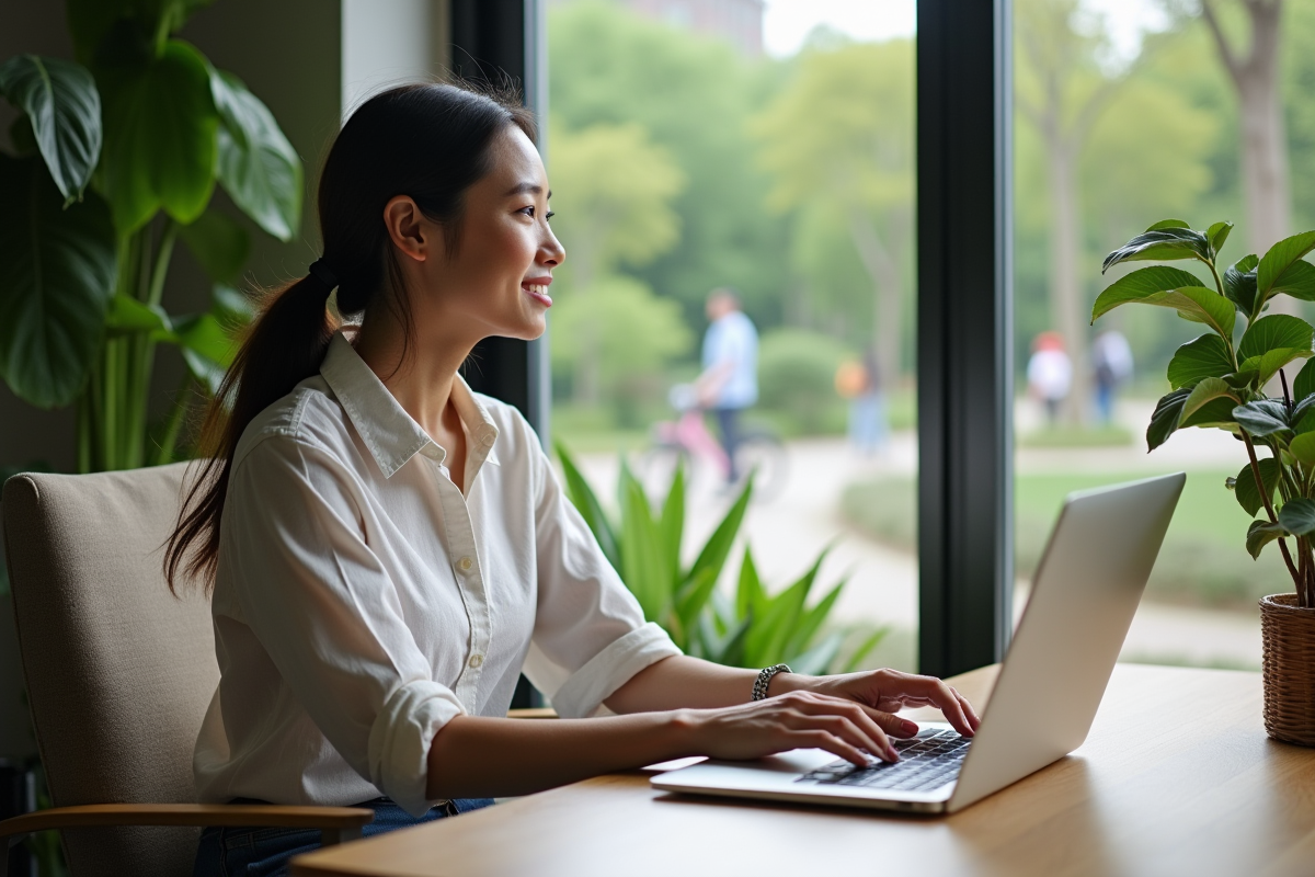 Jeune femme professionnelle dans un appartement lumineux et verdoyant