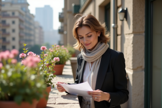 Femme d'âge moyen lisant des documents sur un balcon urbain