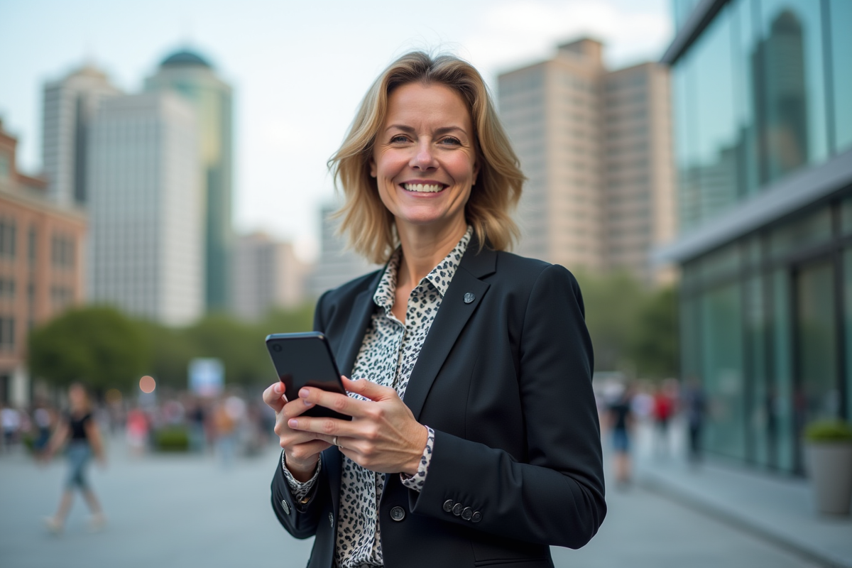Femme souriante avec smartphone affichant un graphique Dogecoin
