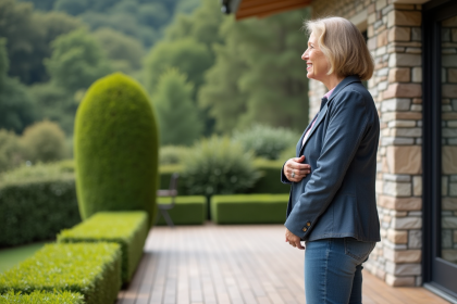 Femme d'âge moyen sur la terrasse d'une maison moderne