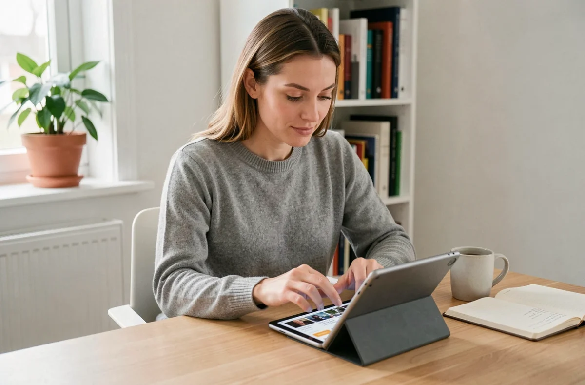 Femme consultant une application de veille sur tablette dans un bureau minimaliste à domicile, illustrant une routine de veille informationnelle efficace
