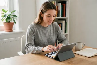 Femme consultant une application de veille sur tablette dans un bureau minimaliste à domicile, illustrant une routine de veille informationnelle efficace
