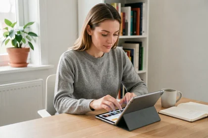Femme consultant une application de veille sur tablette dans un bureau minimaliste à domicile, illustrant une routine de veille informationnelle efficace
