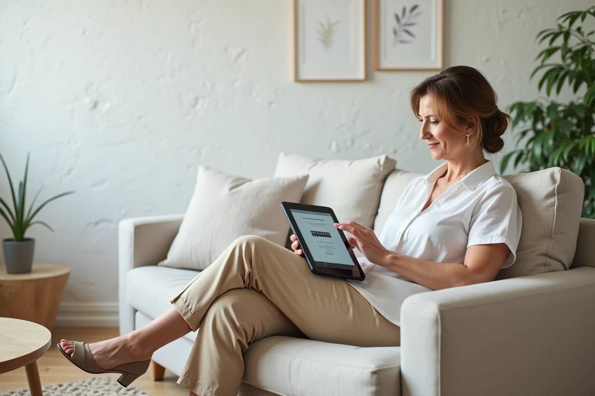 Femme d'âge mûr vérifiant les avis et notes d'un voyant recommandé sur une tablette numérique dans son salon