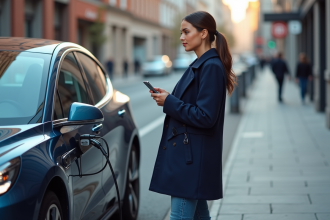 Femme devant une voiture électrique en charge en ville