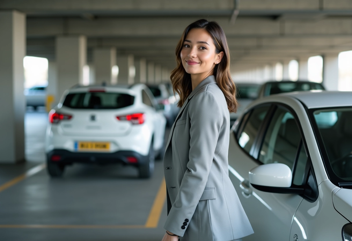 Jeune femme verrouillant sa voiture en parking souterrain
