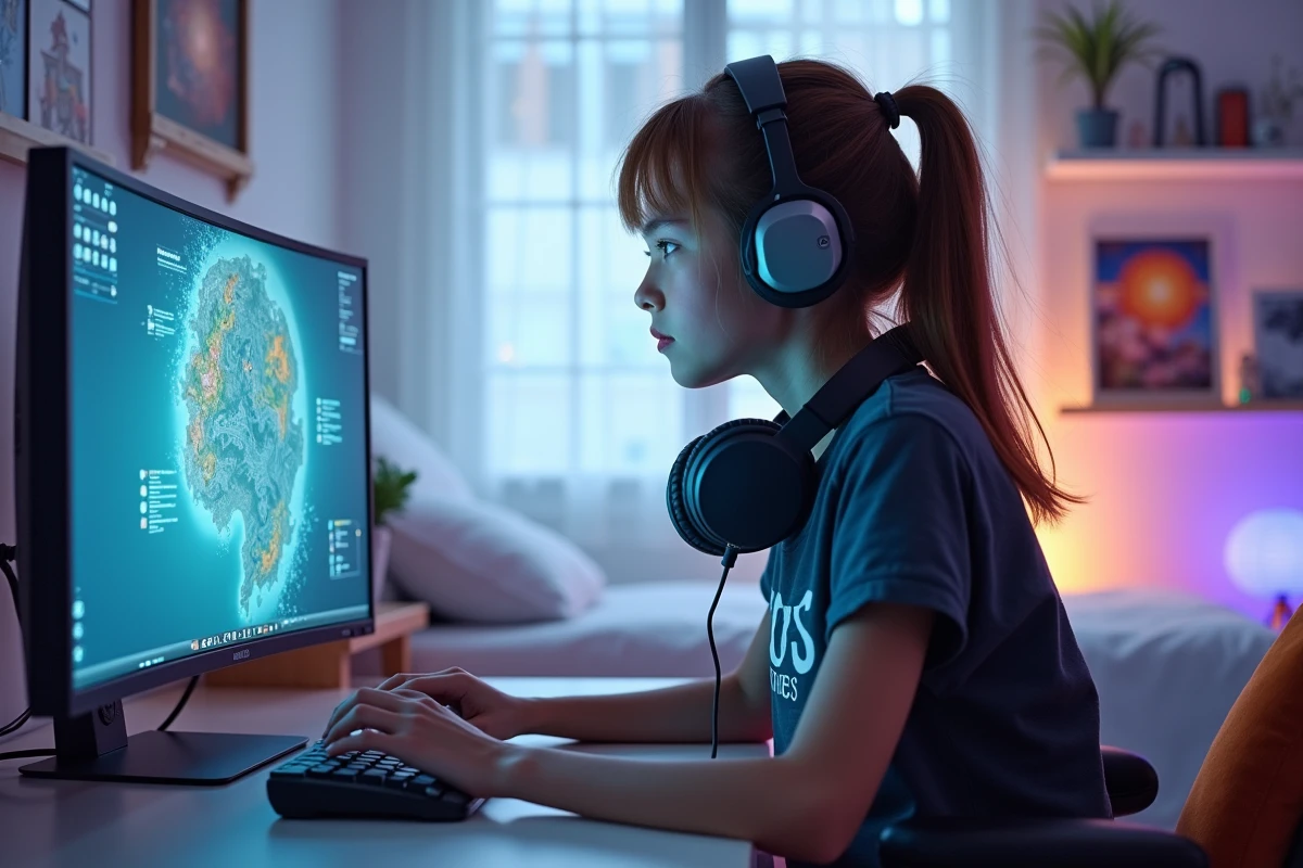 Jeune fille concentrée sur son ordinateur dans sa chambre gaming
