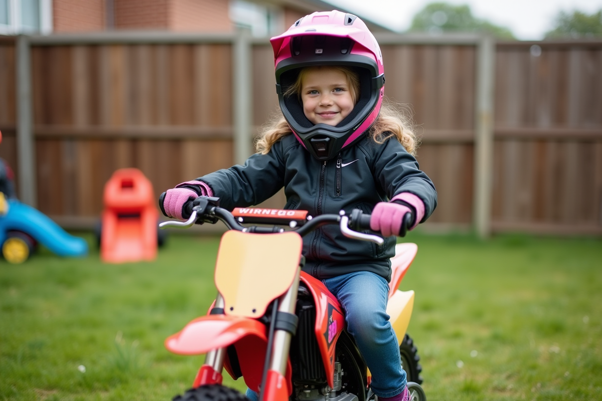 Fille de 8 ans en motocross dans un jardin