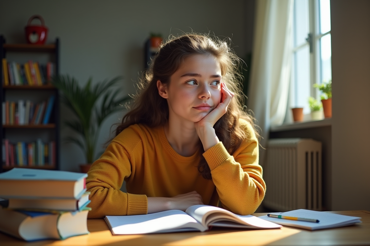Jeune femme pensante à son bureau avec livres et cahier