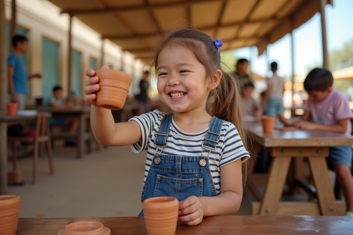 Jeune fille souriante tenant une tasse en argile lors d
