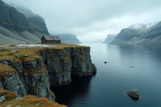 Paysage de fjord norvégien avec falaises rocheuses et reconstitution de longhouse viking sur le plateau côtier
