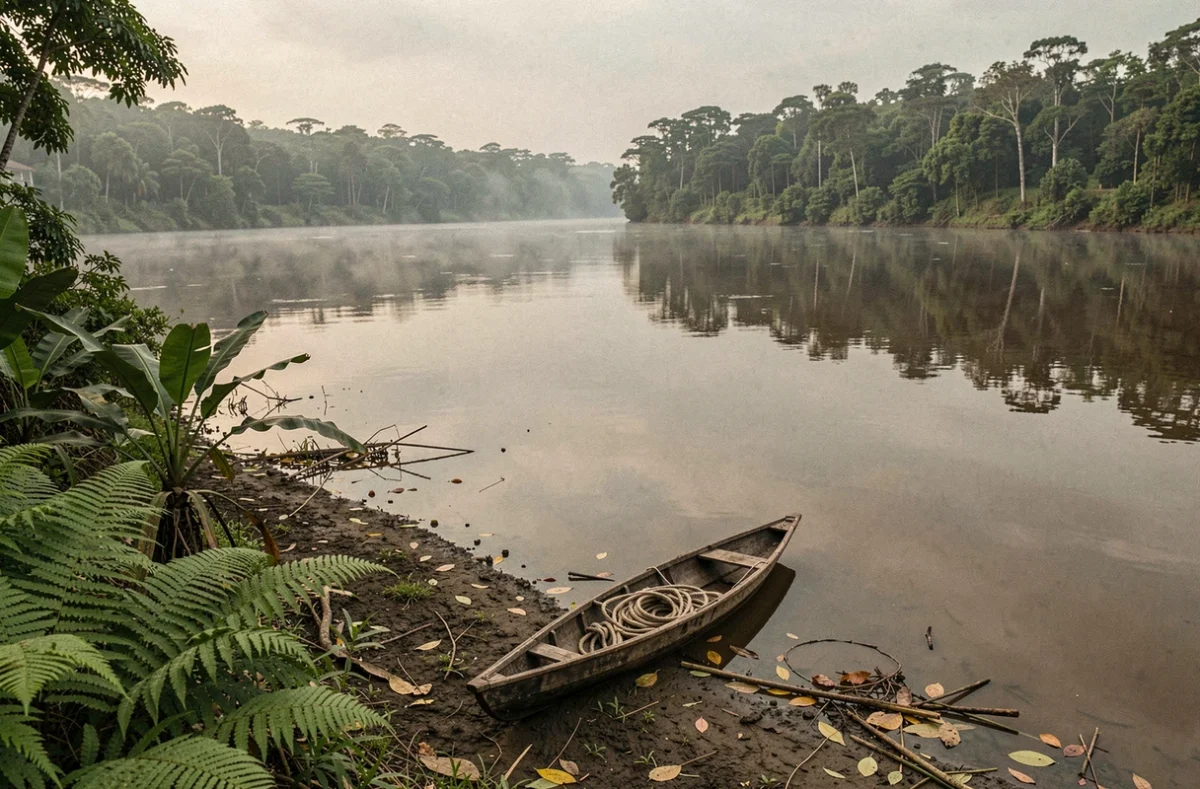 Vue panoramique du fleuve Amazone avec une pirogue en bois sur la berge boueuse et la forêt tropicale en arrière-plan
