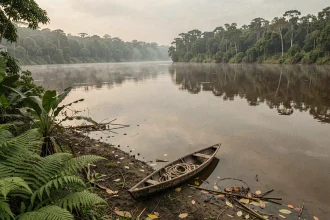 Vue panoramique du fleuve Amazone avec une pirogue en bois sur la berge boueuse et la forêt tropicale en arrière-plan