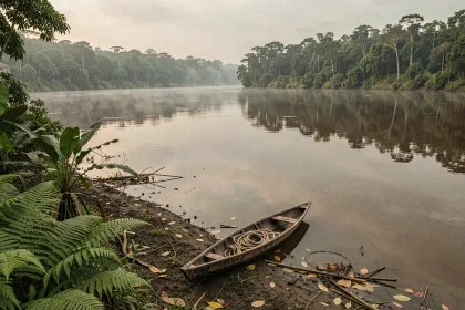 Vue panoramique du fleuve Amazone avec une pirogue en bois sur la berge boueuse et la forêt tropicale en arrière-plan