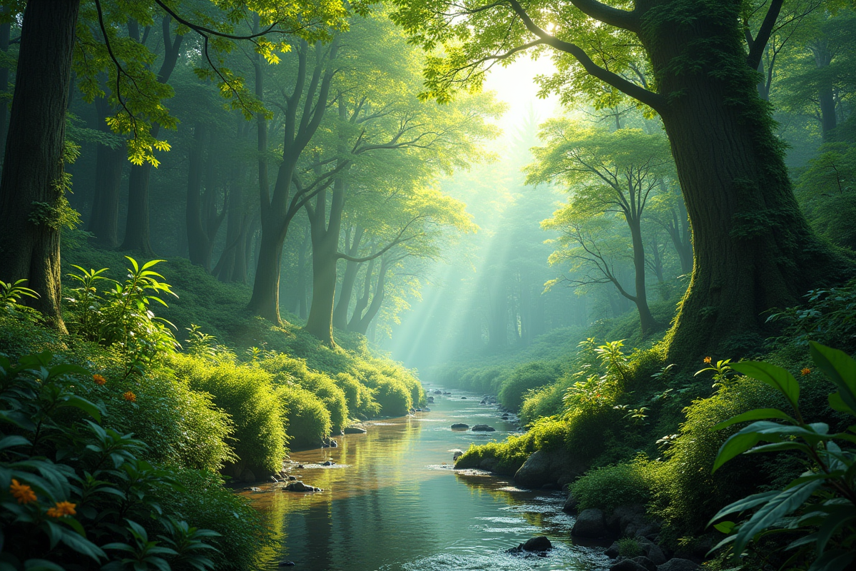 Forêt verte avec rivière et biodiversité riche