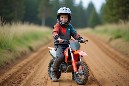 Garçon de 6 ans avec casque et moto tout-terrain