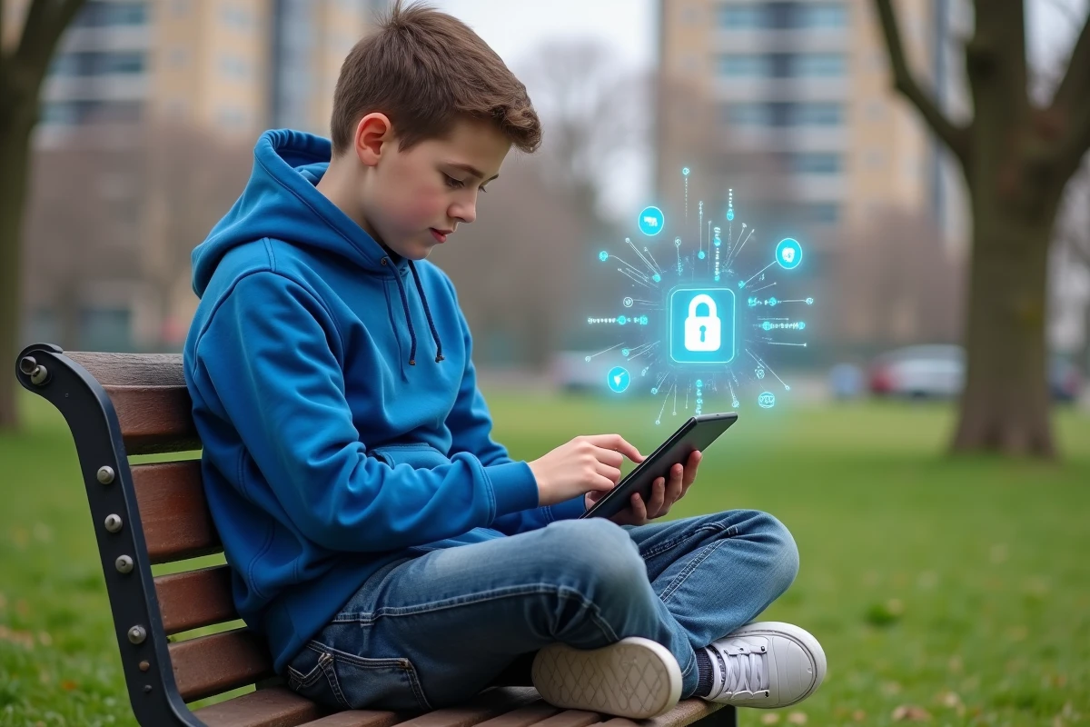 Garçon dans un parc avec infographie de cybersécurité