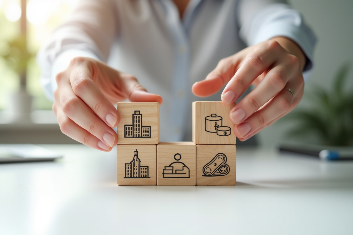 Mains empilant des blocs avec icônes de gestion immobiliere