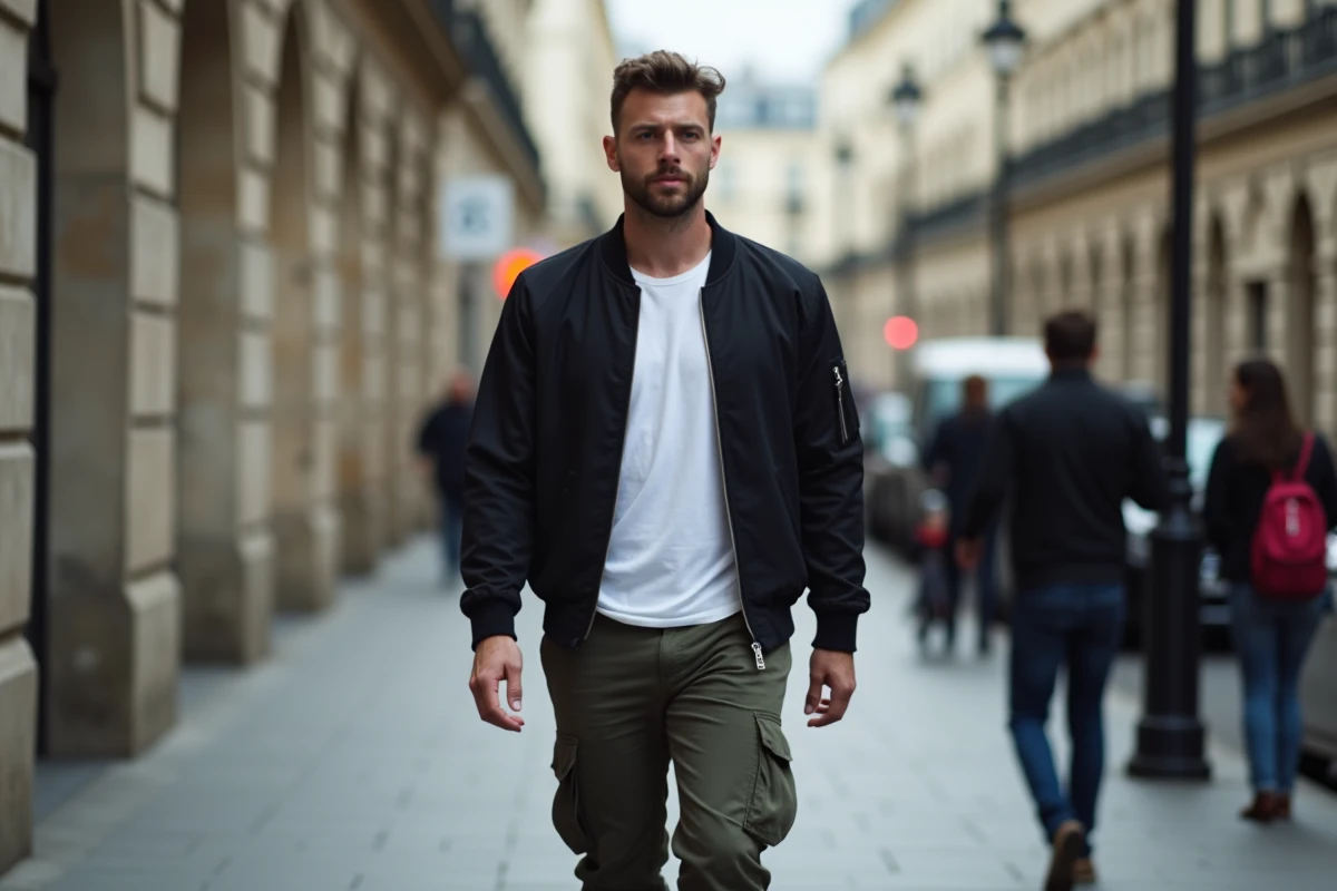 Grand homme marchant dans une rue parisienne animée, taille imposante visible parmi les passants en arrière-plan
