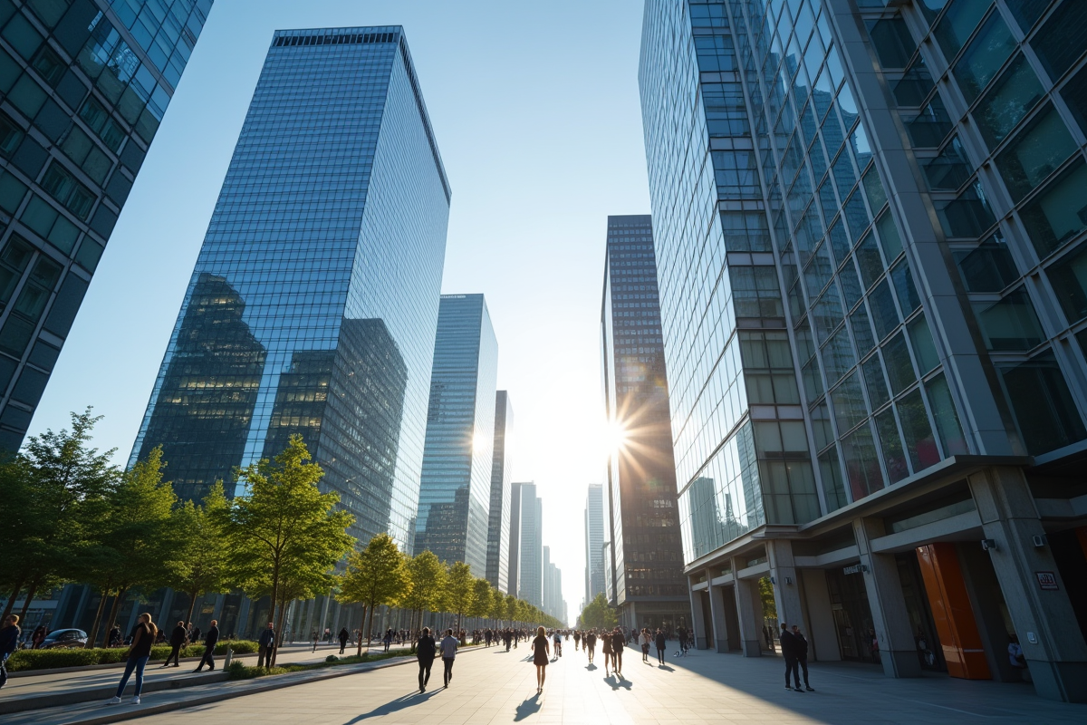 Gratte-ciel modernes à La Défense avec reflet du soleil
