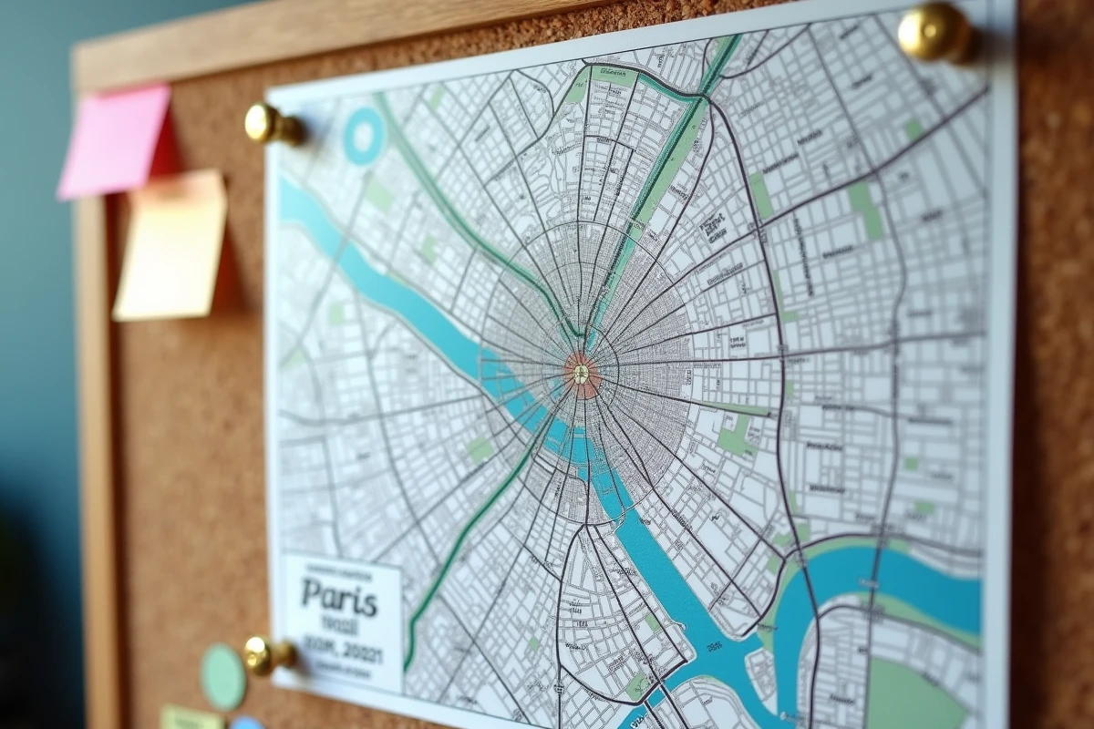 Gros plan sur une carte haute définition de Paris avec arrondissements épinglée sur un tableau de liège dans un bureau