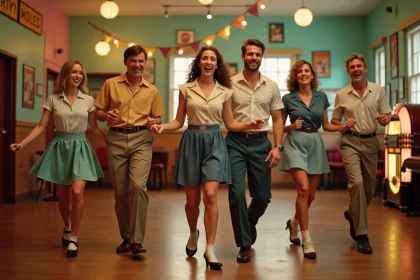 Groupe de danseurs en tenue rétro années 50 exécutant le madison en ligne dans une salle de fête décorée de posters vintage et d'un jukebox