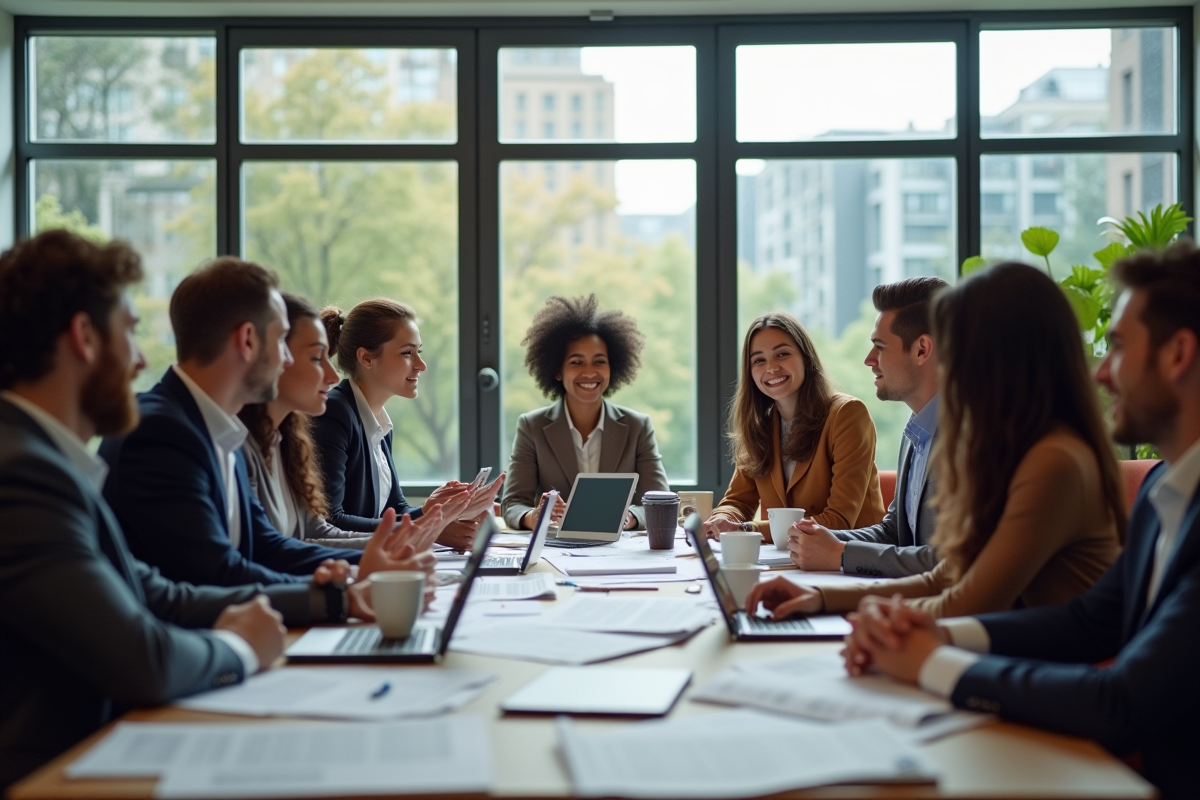 Groupe de personnes discutant autour d'une table lumineuse