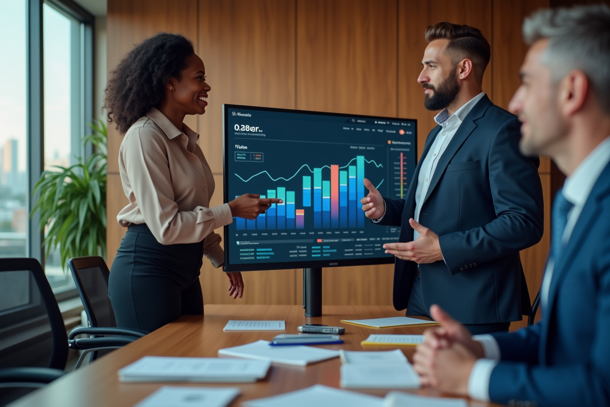 Groupe de professionnels discutant devant un graphique