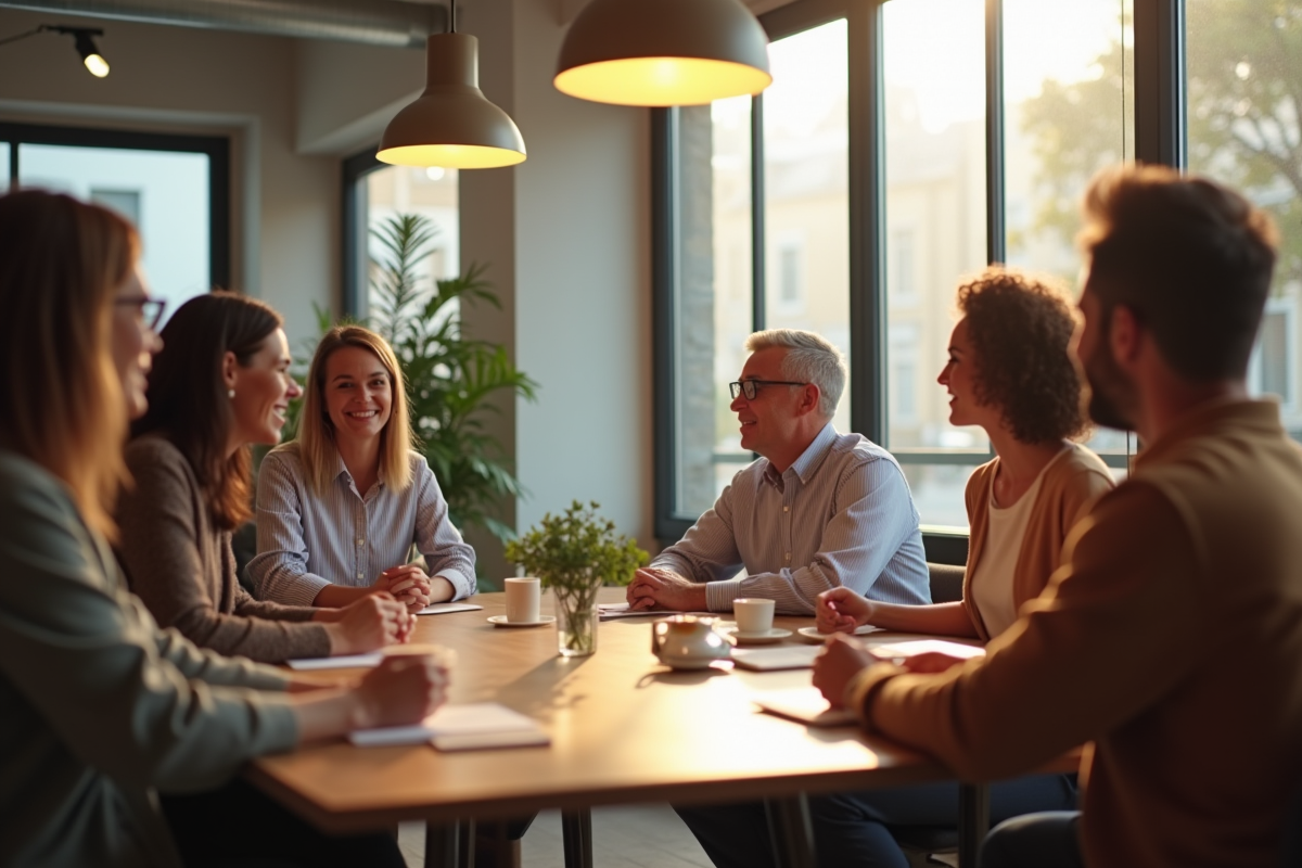Groupe diversifié en discussion supportante autour d'une table
