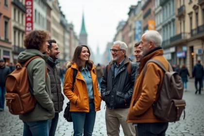 Groupe diversifi&eacute; dans une place urbaine avec monuments