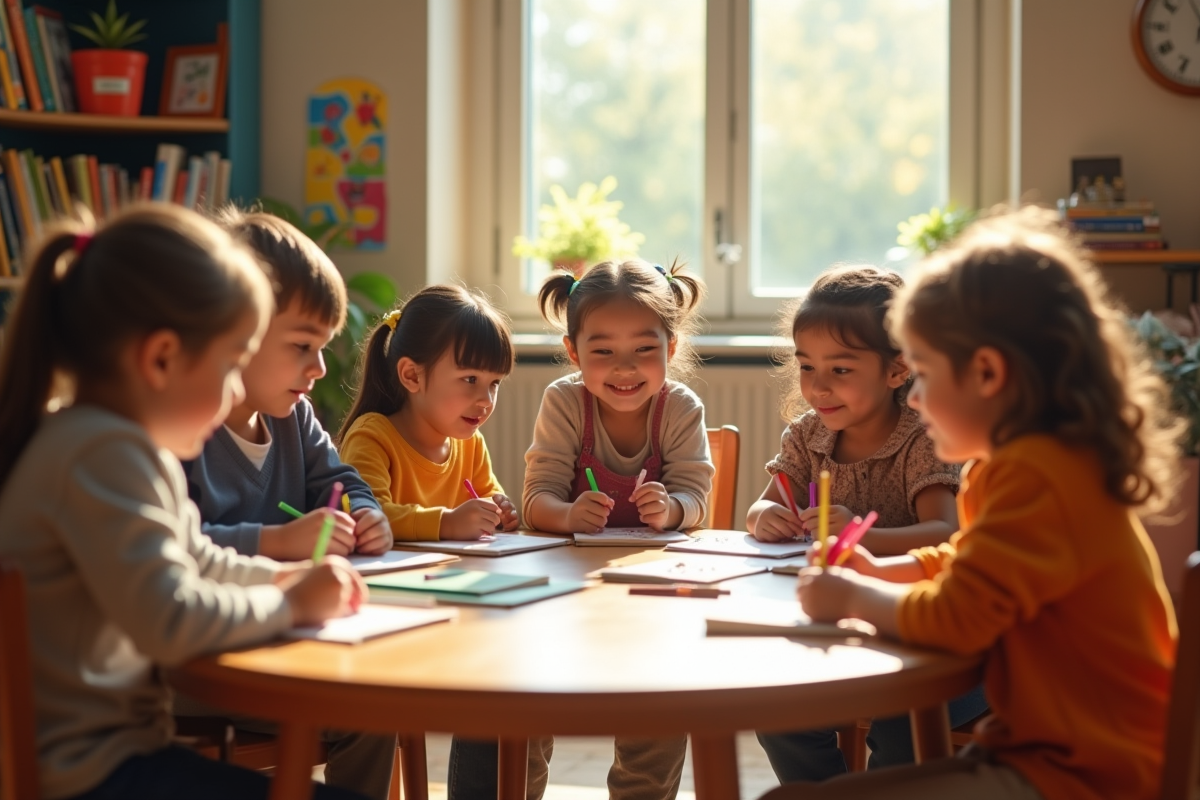 Enfants et adultes en atelier créatif en classe lumineuse