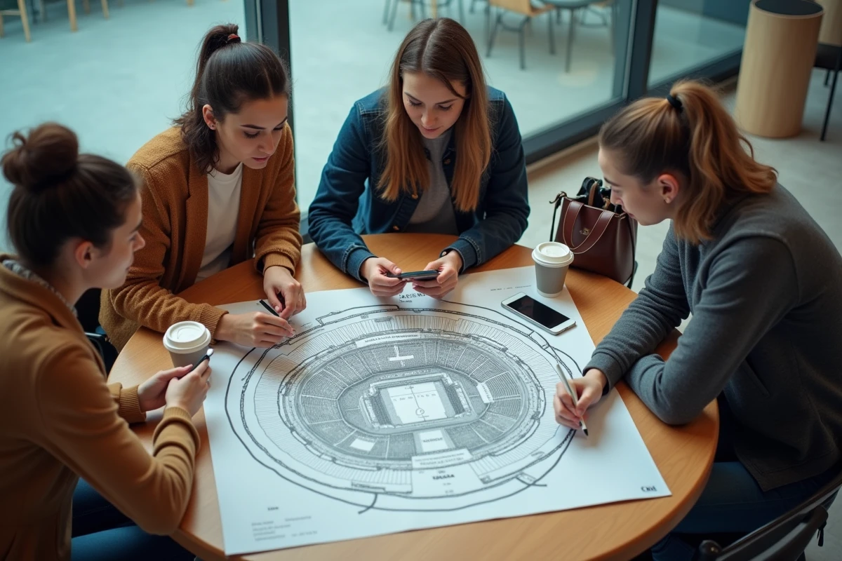 Groupe d'adultes étudiant le plan de salle imprimé de l'Accor Arena autour d'une table pour choisir les meilleurs secteurs