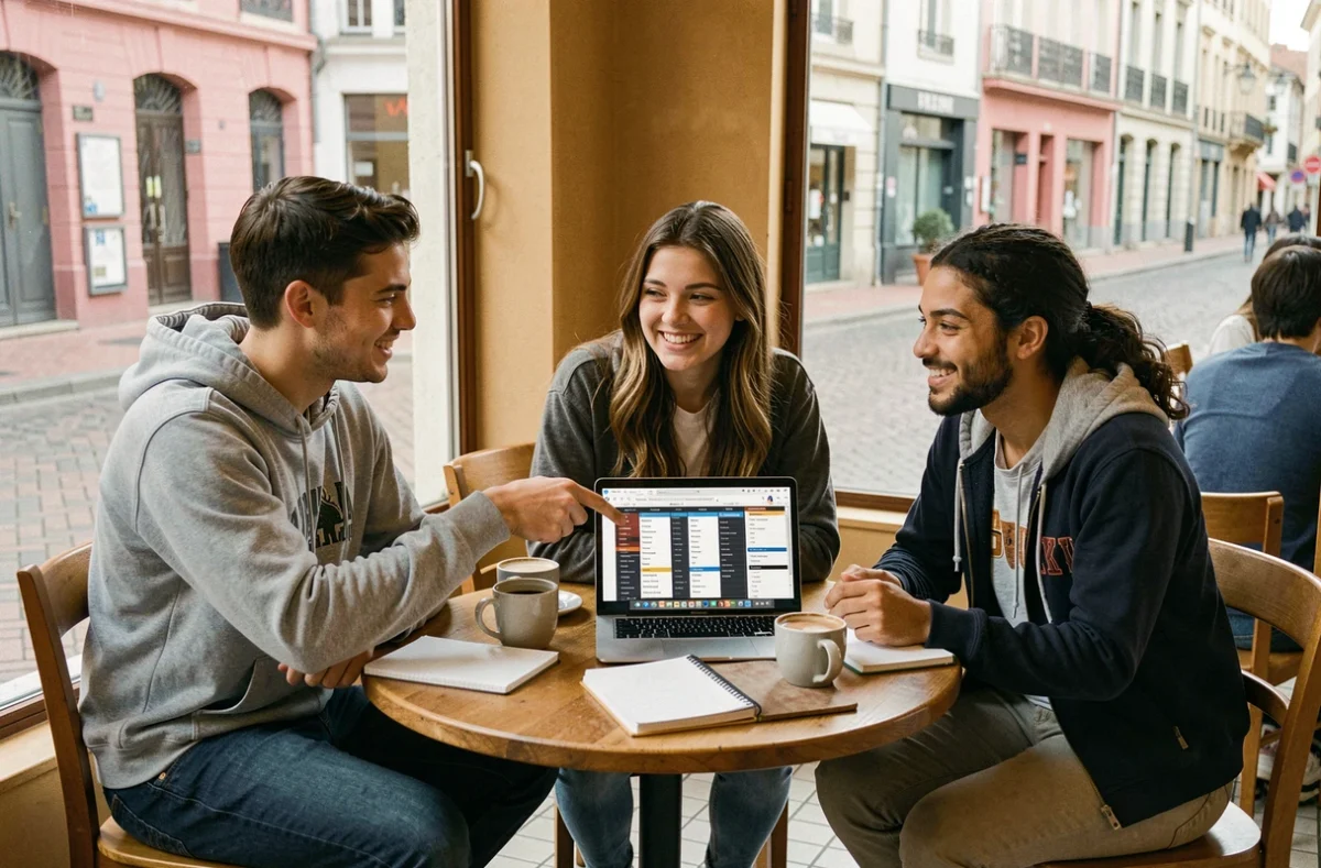 Groupe d'étudiants discutant des horaires de prière à Toulouse autour d'un ordinateur portable dans un café