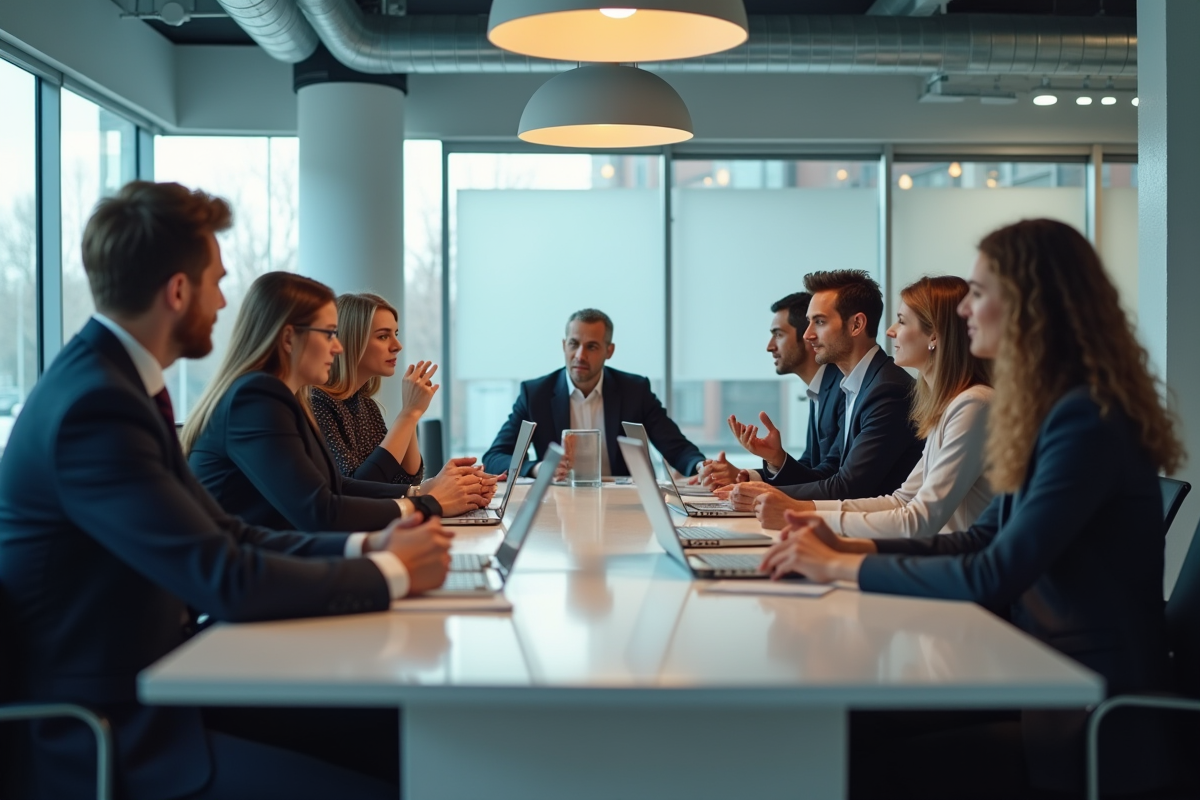 Groupe de professionnels en réunion dans un bureau lumineux