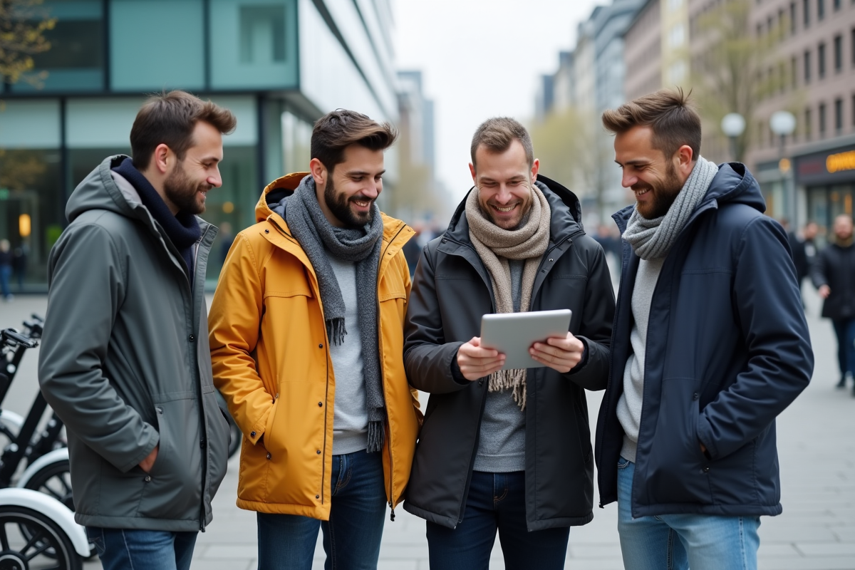 Groupe de professionnels discutant mobilité urbaine en ville