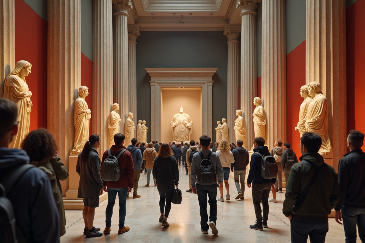 Groupe de touristes admirant des sculptures anciennes dans un musée