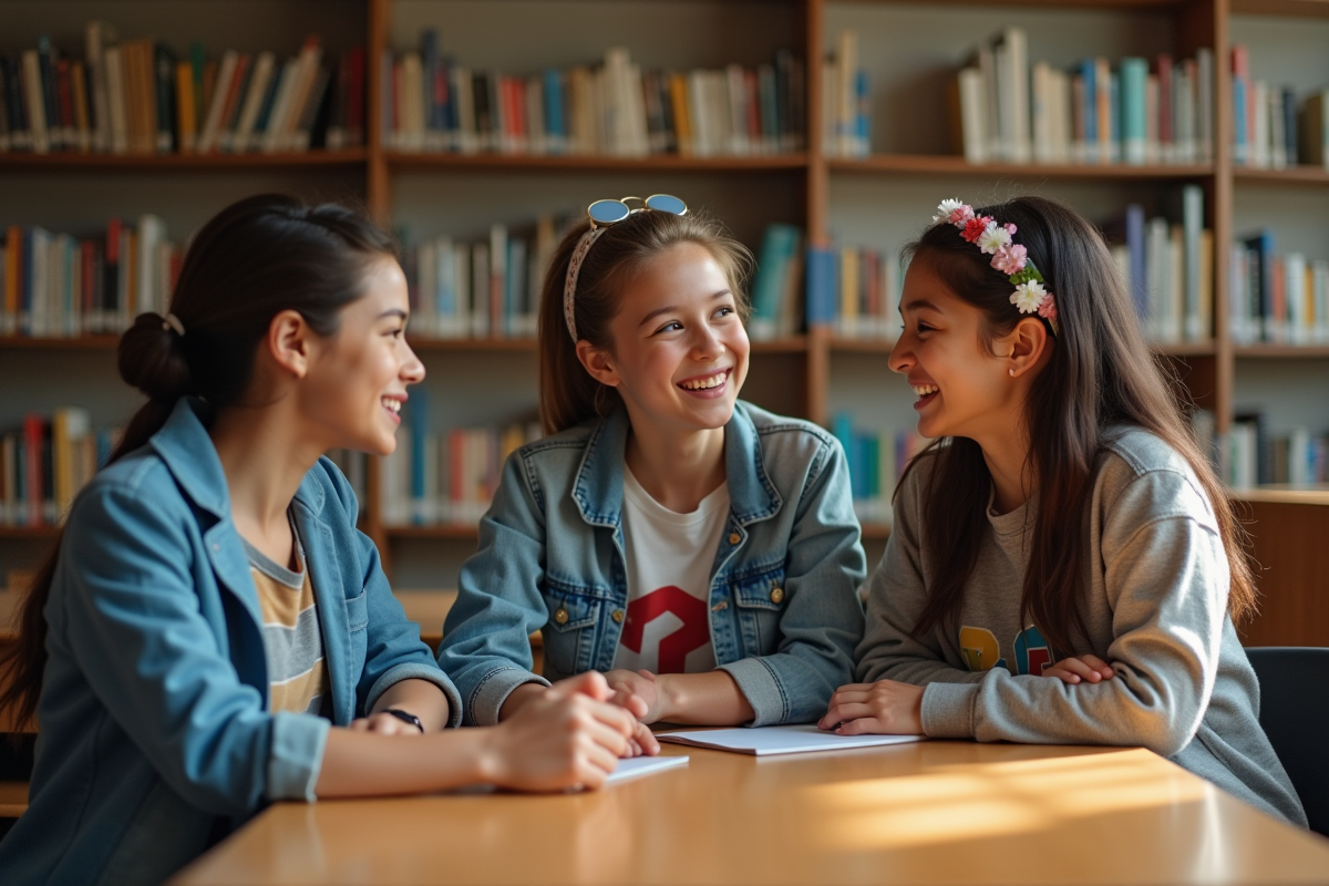 Trois adolescents divers discutant dans une bibliothèque