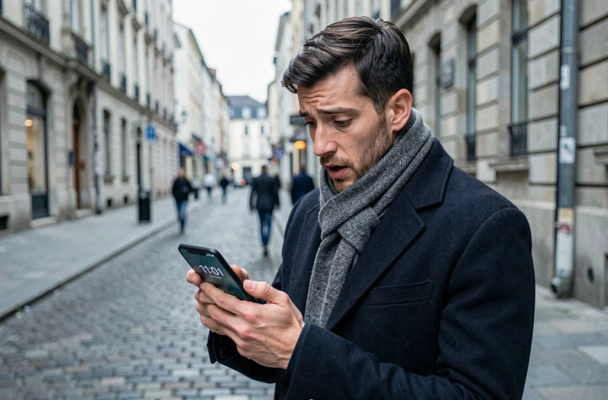 Homme dans la rue regardant son téléphone affichant 11h01, heure miroir et signe de l'univers en milieu urbain
