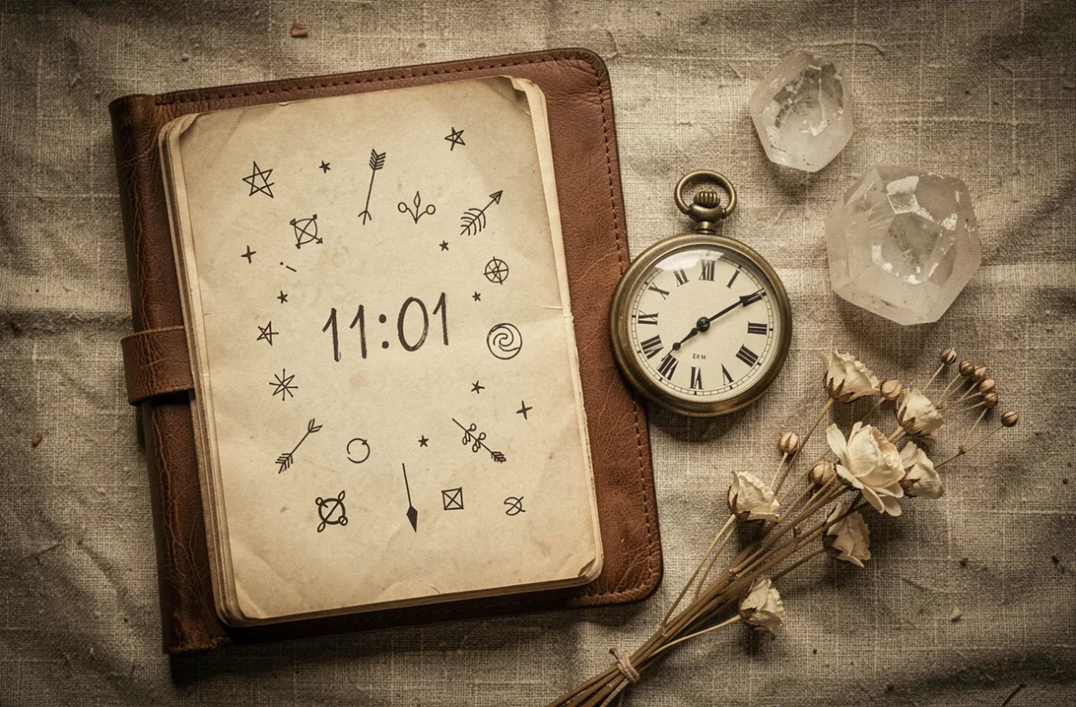 Journal ouvert avec l'heure 11h01 manuscrite et montre de poche vintage, symbolisant l'heure miroir et ses messages cachés
