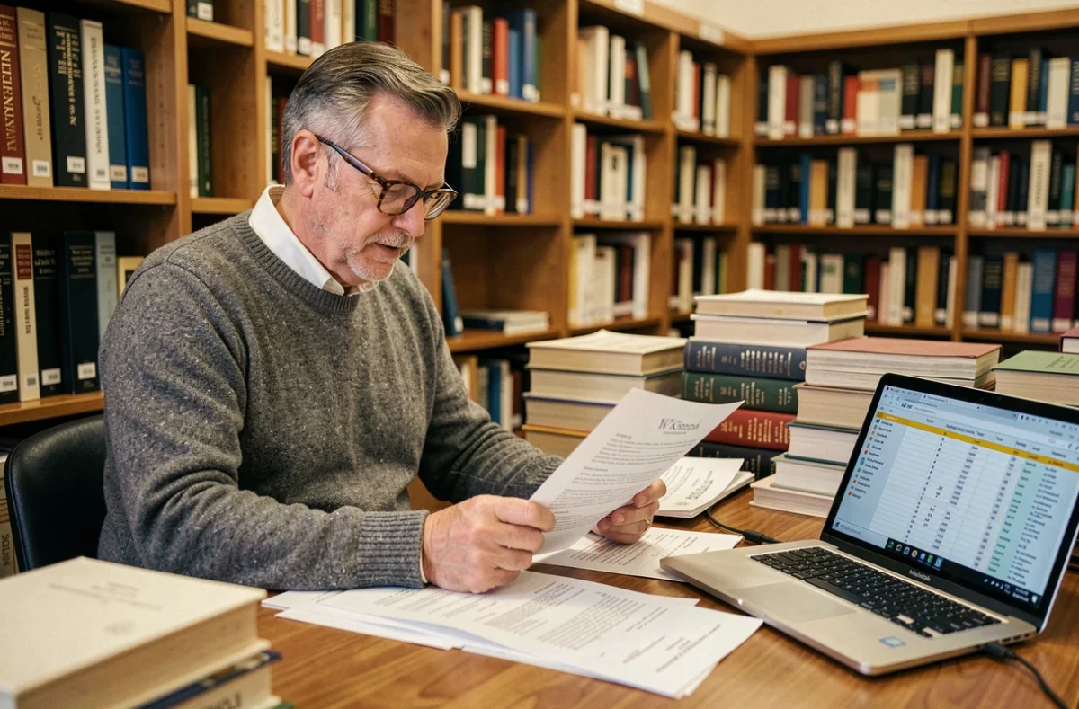 Historien consultant des actes d'état civil et des sources Wikipedia dans une bibliothèque universitaire