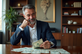 Homme d'affaires comptant des dollars dans un bureau élégant